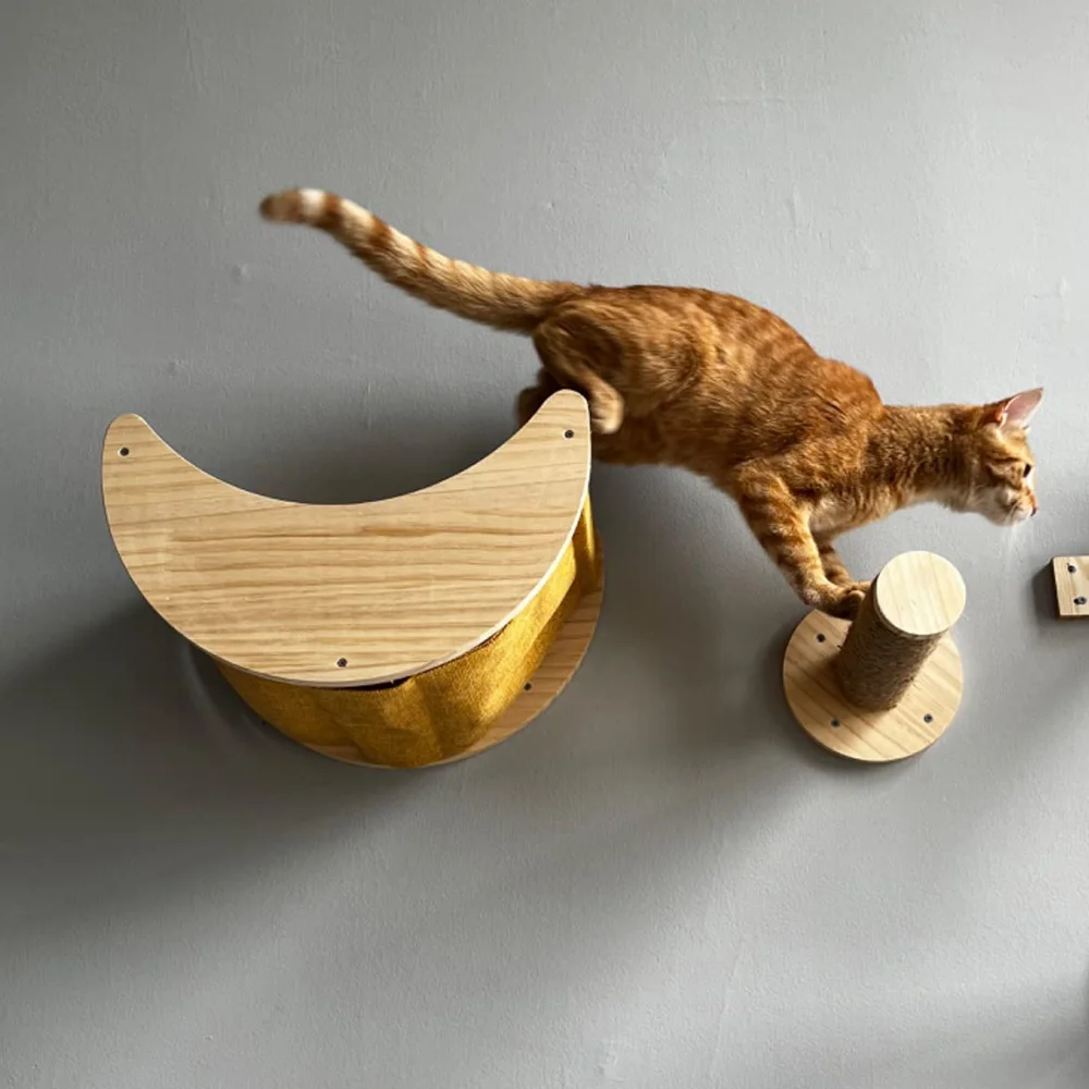 Centro de actividades para gatos montado en la pared con estantes de madera, escaleras y hamaca, muebles de pared para gatos para gatitos de interior, escalada y descansar - imagen 3