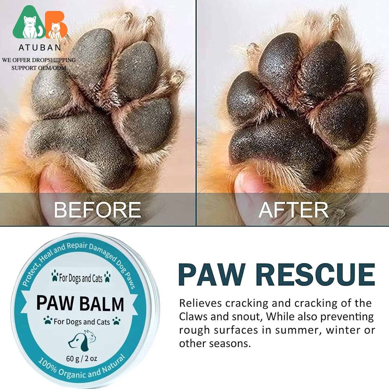 ATUBAN Bálsamo para patas de perros, Protector de bálsamo para patas de mascotas contra el calor, mantequilla de crema para todas las estaciones, bálsamo para patas, chupete para perros y gatos, cura, reparaciones - imagen 4