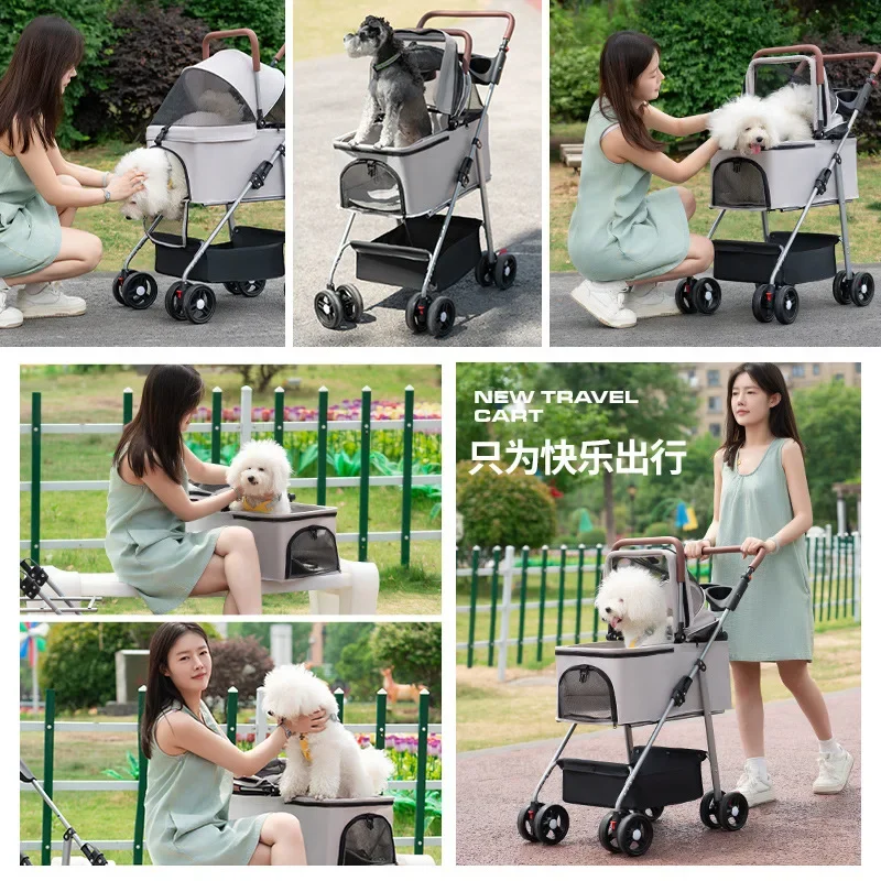 Carro para perros con separación, carrito para mascotas pequeño plegable y ligero para gatos, carrito para salir - imagen 4