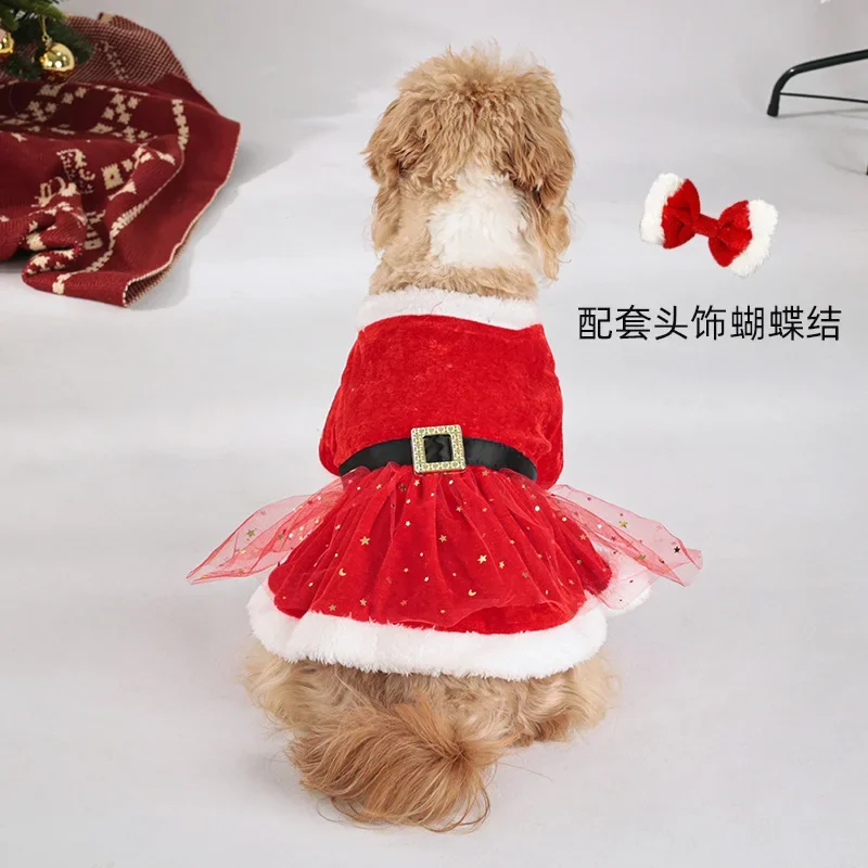 Perros pequeños y medianos Vestido navideño de malla roja para perros con tocado de lazo, traje festivo para
