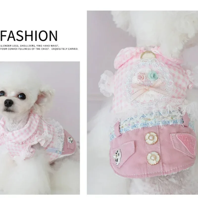 2025 nueva falda gruesa de princesa Otoño Invierno para perros pequeños gatos diseño vaquero a cuadros, ropa cálida para mascotas - imagen 2