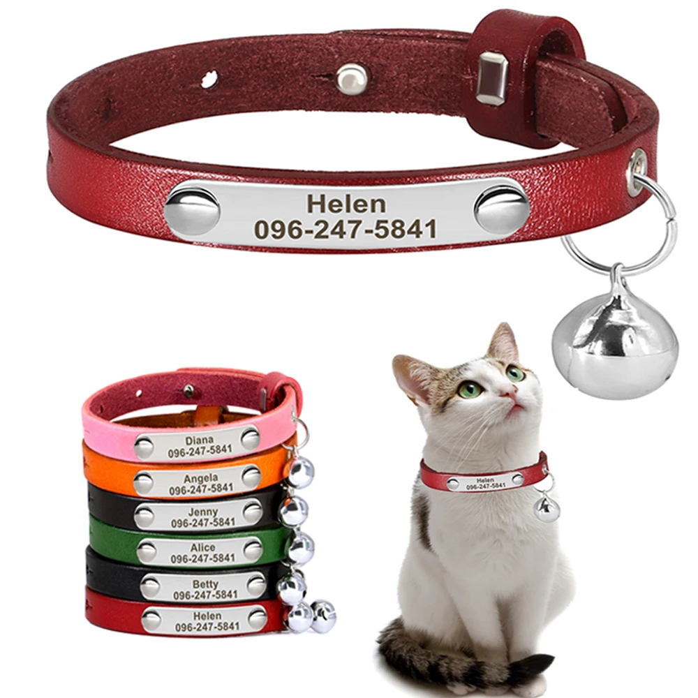 Collar de gato personalizado, collares de cuero ajustables para gatos, collares personalizados con nombre de cachorro y gatito, accesorios antipérdida para gatos