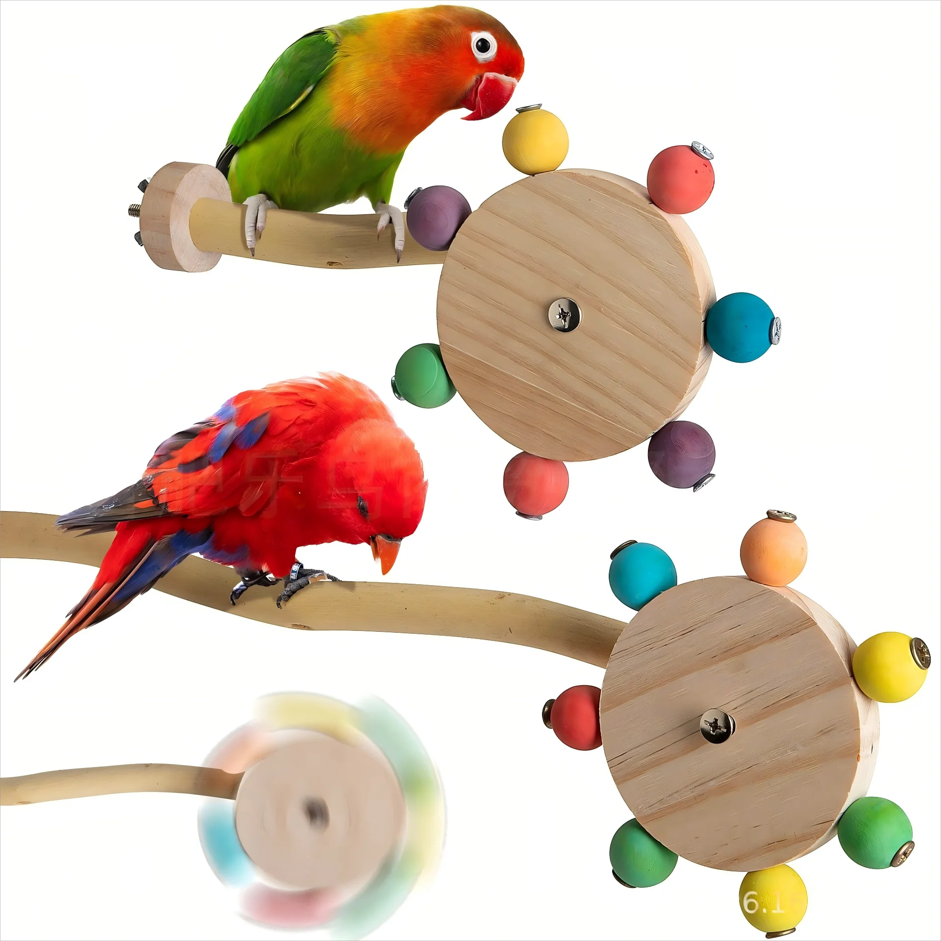 Divertido juguete de percha con bolas giratorias, soporte interactivo de madera para pájaros, juguete de forrajeo de loro colorido, molino de viento giratorio para molinos