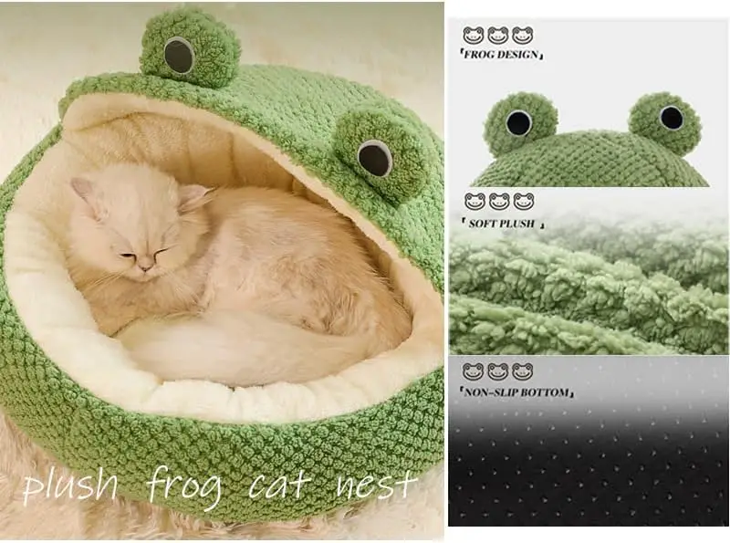 Cama para mascotas para perros pequeños y gatos, cama redonda de felpa cálida para invierno, cesta para gatos con diseño de rana de dibujos animados verde - imagen 5