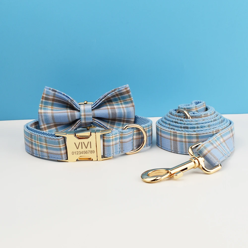 Conjunto collar y correa para perro con placa personalizada a cuadros - imagen 5