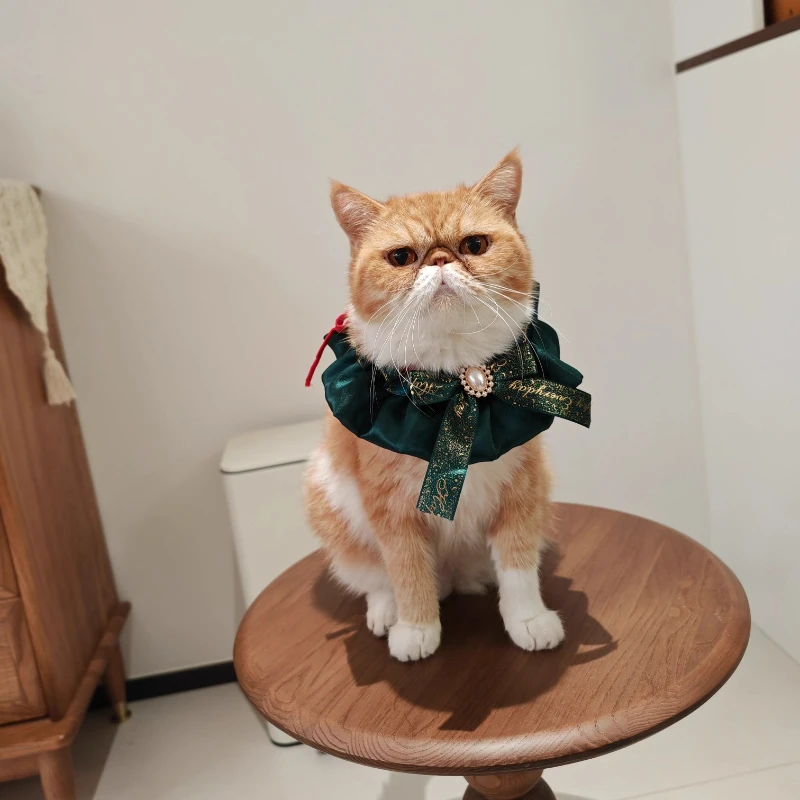 Decoración navideña de cuello festivo para mascotas de Papá Noel con lazo con volantes y accesorio estampado de muñeco de nieve para vacaciones de perros pequeños y gatos - imagen 5