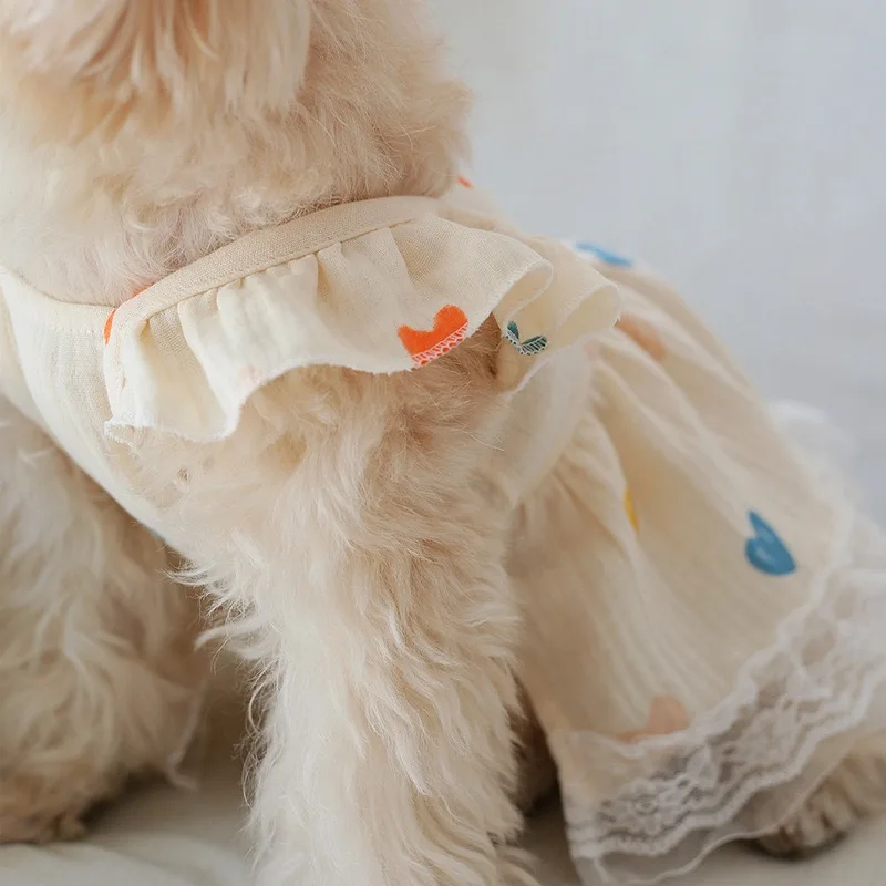 Vestidos de princesa de verano para perros y mascotas, monos transpirables con estampado de corazón coloreado para Bulldog Francés, monos de algodón para cachorros y gatos - imagen 4