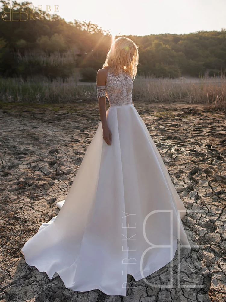 BEBEKEY Vestido de novia de corte A de satén de encaje bohemio personalizado - Vestido de novia Vestido de fiesta formal para novias - imagen 4