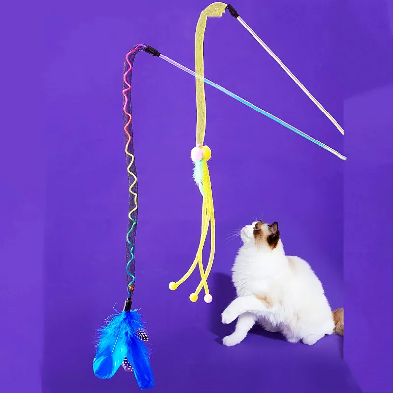 Juguete para gatos con plumas, palo elástico para gatos, juguetes interactivos con mango largo, juguete para gatos con campana, juguetes de plumas de primavera para gatos