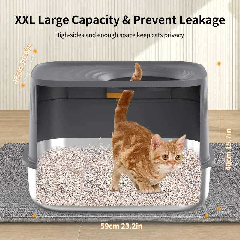 Caja de arena para gatos grande totalmente cerrada de acero inoxidable, entrada superior, fácil de limpiar, suministros de productos para mascotas, accesorios para orinales no pegajosos - imagen 2