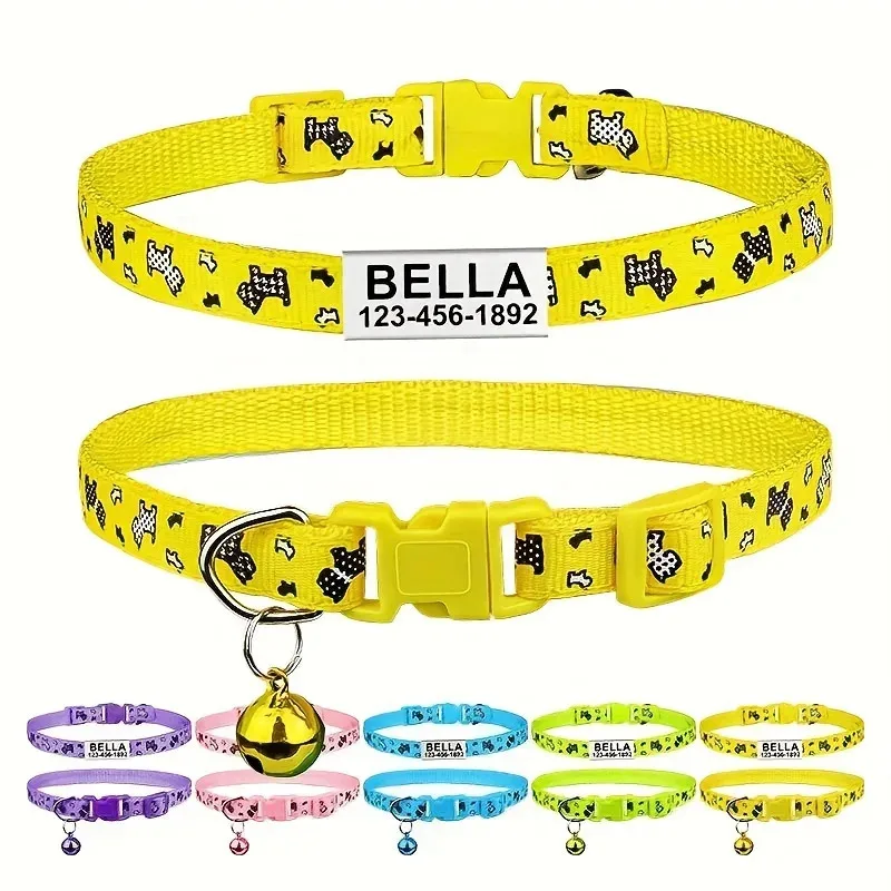 Collar de perro personalizado, collares para cachorros y gatitos de hueso de nailon, ID de nombre personalizado para mascotas, ajustable para perros pequeños y gatos, 1 ud.