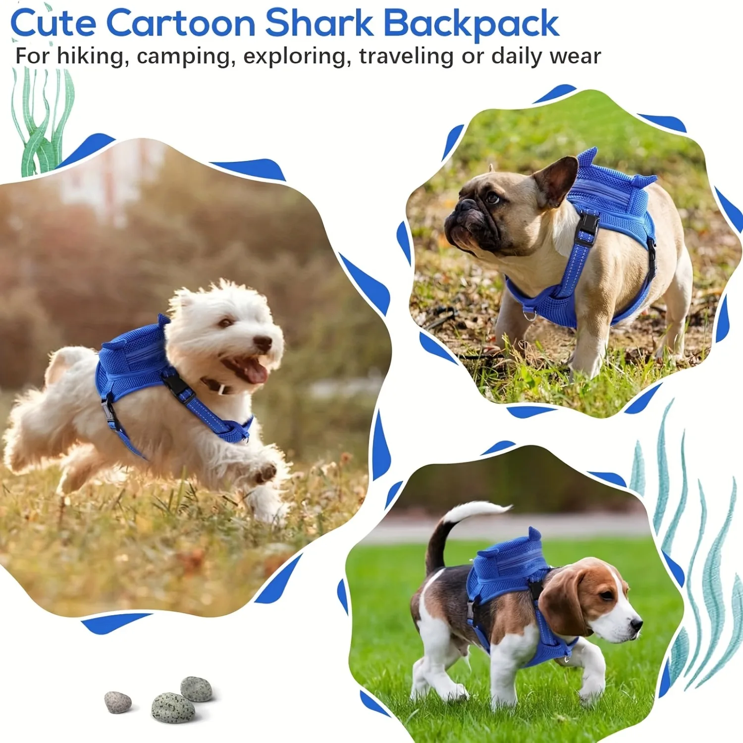 Mochila para perros con arnés, mochila para perros sin tirones con anilla en D para perros pequeños y medianos, autorportabebés con bonito tiburón para mascotas, viaje ajustable - imagen 5