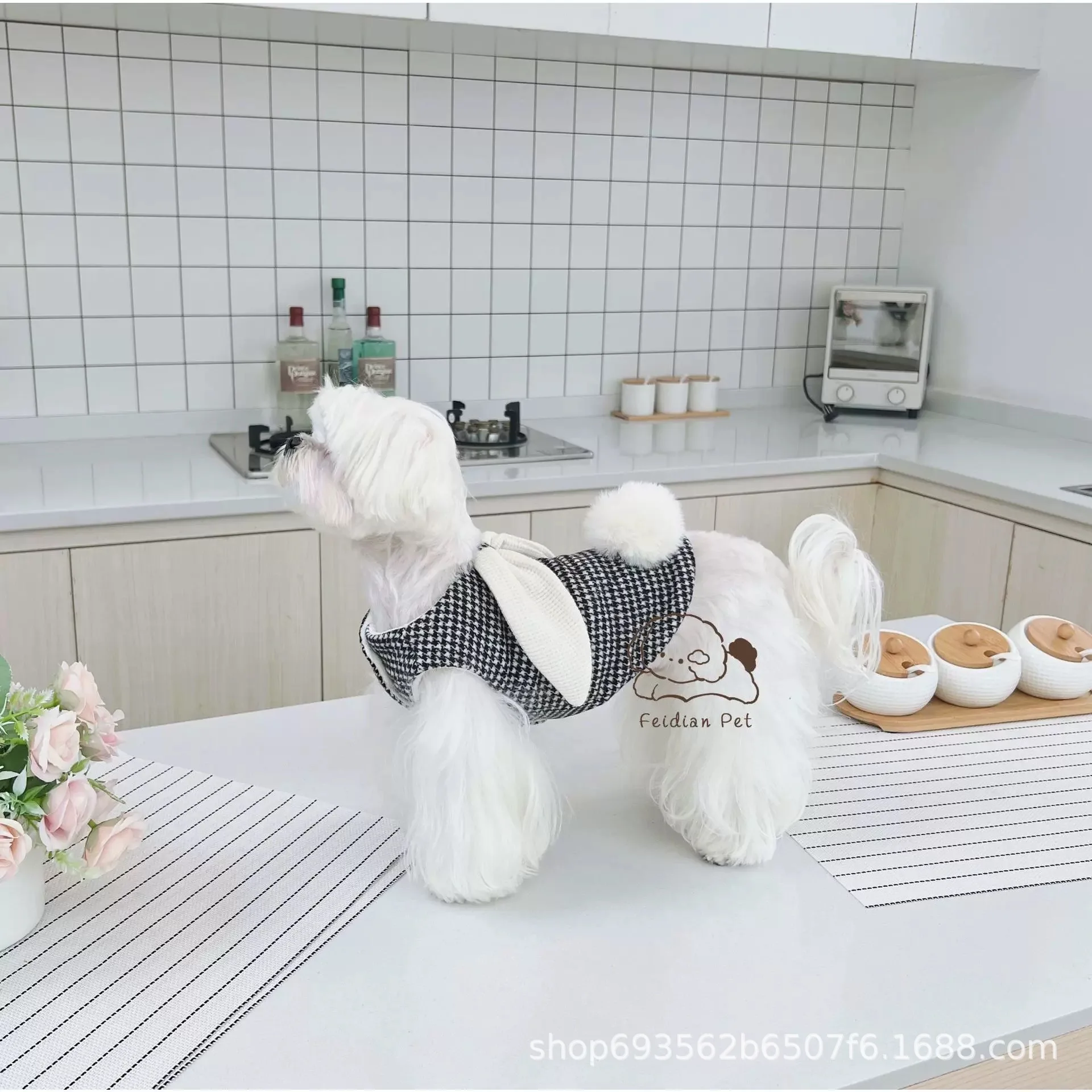 Abrigo a cuadros de otoño/invierno para mascotas, lindas Orejas de conejo con chaleco de terciopelo, camiseta sin mangas de peluche, ropa para perros pequeños, ropa para cachorros - imagen 2