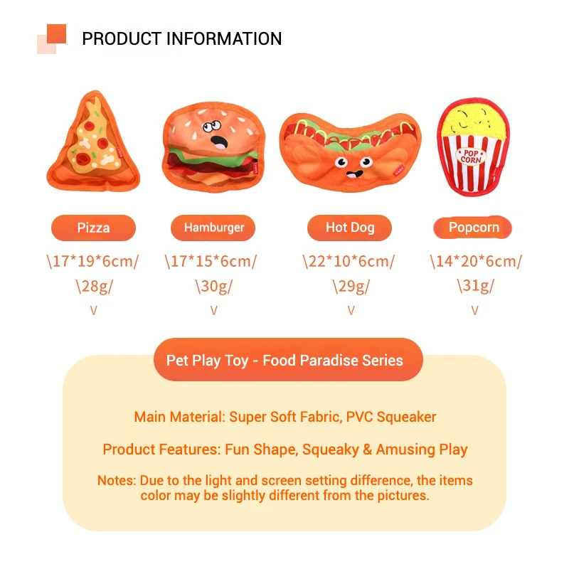 Lindos juguetes chirriantes para perros de comida rápida, hamburguesa masticable suave, Pizza, perro caliente, palomitas de maíz, juguete para perros, diseño seguro y duradero resistente a las mordeduras