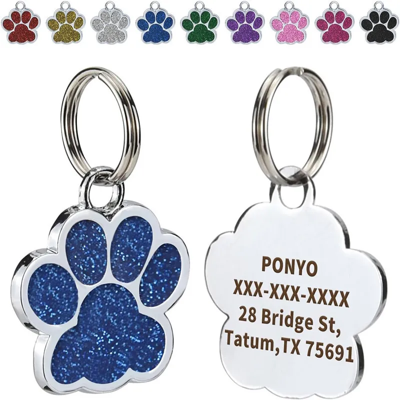 Etiquetas de placa personalizadas para perros y gatos, Collar grabado con nombre de identificación para mascotas, colgante con purpurina de pata de aleación, accesorios para perros y mascotas