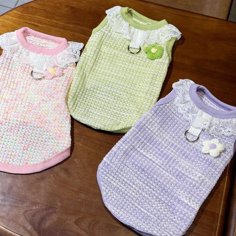 Chaleco tejido para mascotas de otoño, chaqueta con cuello de encaje y flores para perros, suéter de Yorkshire para perros pequeños y gatos, ropa para cachorros pequeños - imagen 5