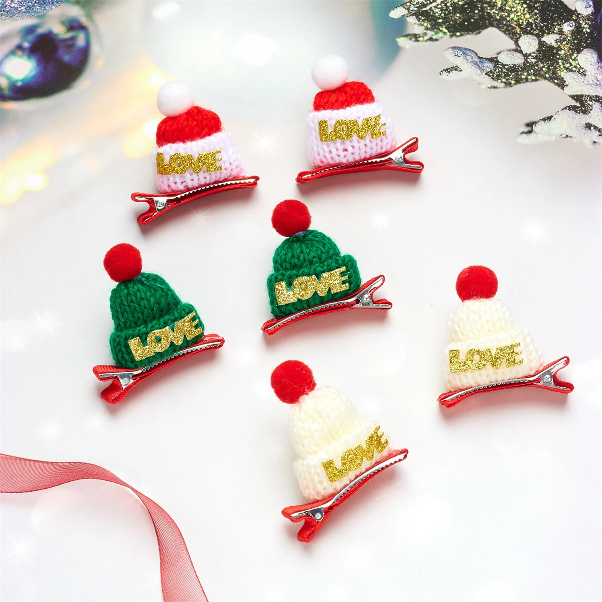 Pinza para el pelo de gorro de Navidad tejida hecha a mano de 2 piezas, diadema navideña para perros con letras de AMOR, diadema para gatos, accesorios para animales pequeños - imagen 2