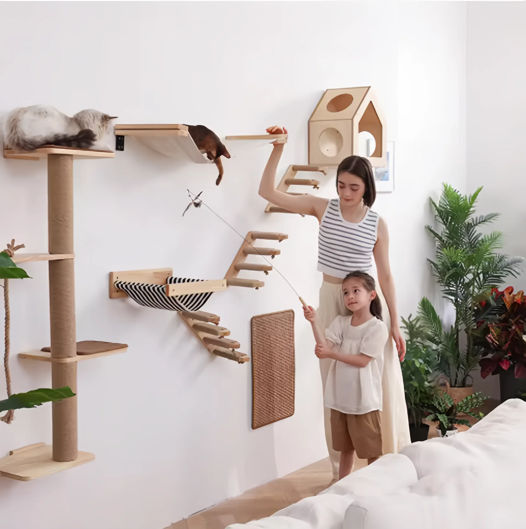 Árbol de escalada de madera para gatos, muebles de salto montados en la pared, poste rascador para gatos, hamaca, escaleras, marco de escalada - imagen 4