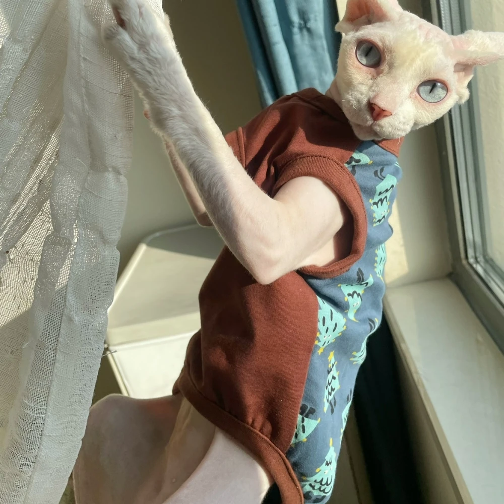 Camisa de algodón para gato Sphynx, abrigo Beige suave de manga corta para mujer, chaleco elástico para gato, ropa de primavera y verano - imagen 4