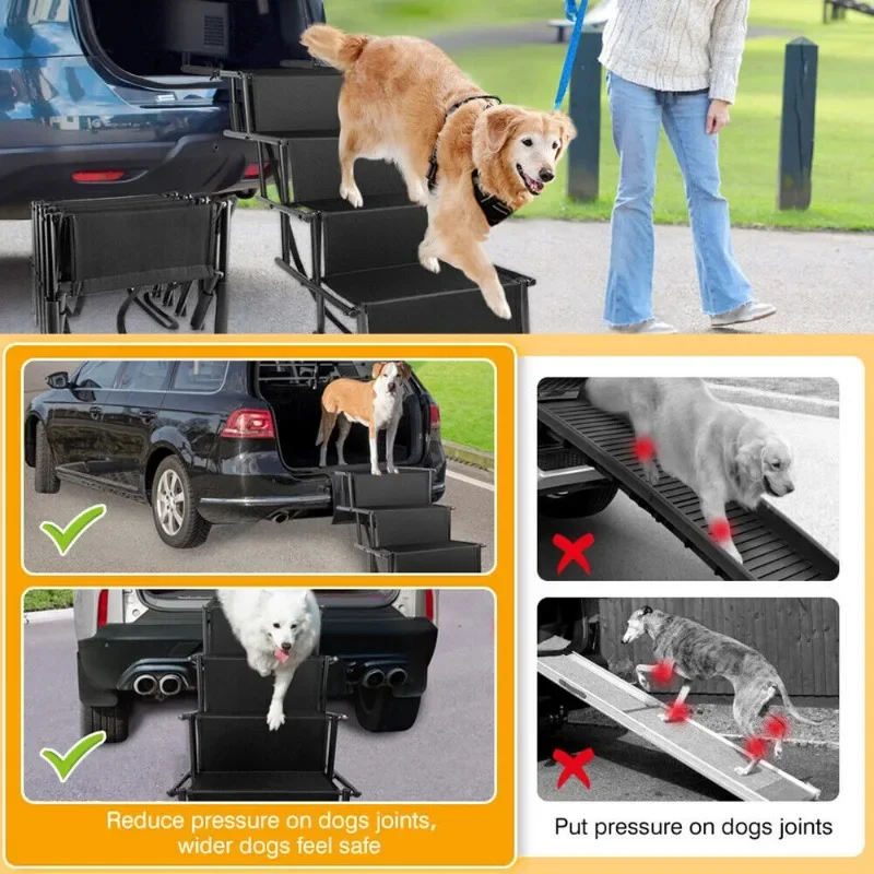 Rampas plegables portátiles para perros, 4 escalones, coche, SUV, camión, antideslizantes, duraderas, Metal fundido a presión, rampa para mascotas, escalera con correa - imagen 4