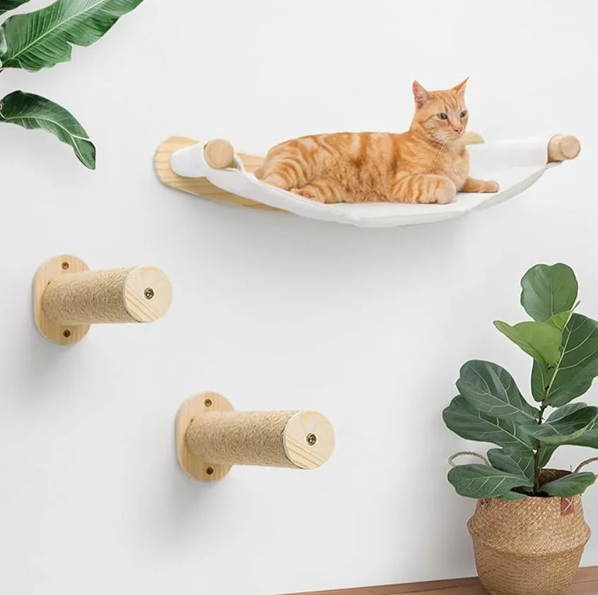 Poste rascador de pared con hamaca de madera para gatos y descanso