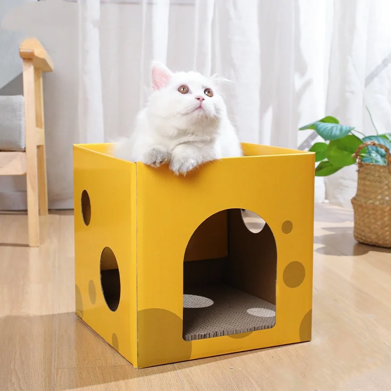 Casa para gatos de cartón plegable de 2 capas, diseño divertido de queso, transpirable, resistente, rascador, camas para gatos para dormir y jugar - imagen 4