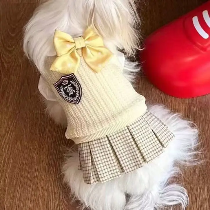Vestido universitario de otoño e invierno, suéter para mascotas, vestido a cuadros para mascotas, ropa para perros pequeños y gatos, pajarita bonita, ropa para perros pequeños - imagen 2