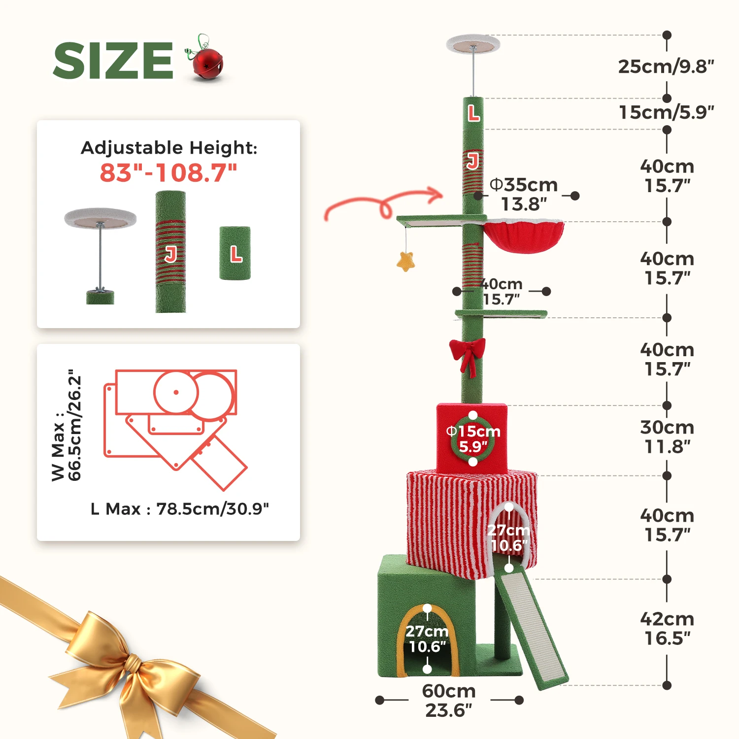 Árbol de Navidad para gatos, torre para gatos de 211-276cm de suelo a techo con condominios rojos y verdes, bolas colgantes en forma de estrella para gatos grandes, juguetes para gatos - imagen 2