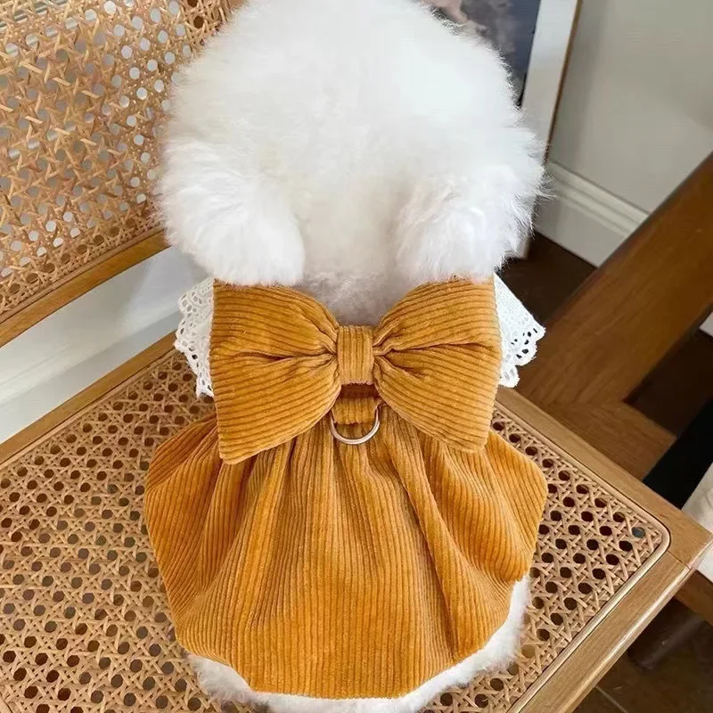 Ropa con lazo grande para mascotas, falda de calabaza de pana para otoño/invierno, falda de encaje a la moda con hebilla, vestidos para cachorros para perros pequeños - imagen 5