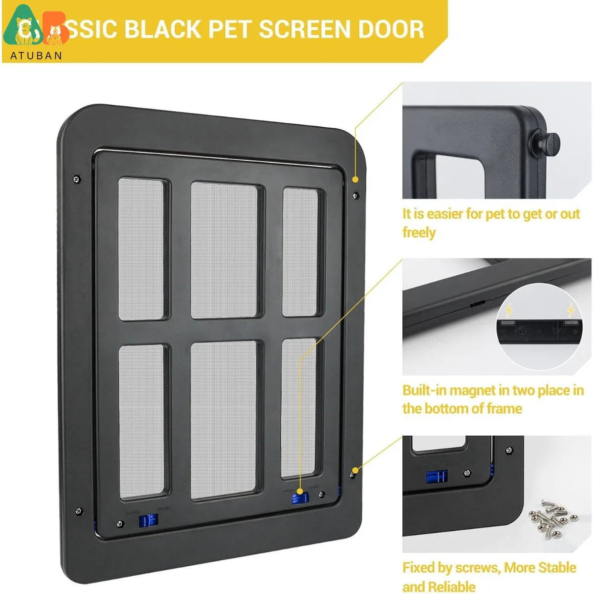 ATUBAN Puerta de pantalla para perros 13,4 "x 17,3" Cierre magnético automático, bloqueable, ABS duradero, para perros medianos a grandes, fácil de instalar - imagen 5