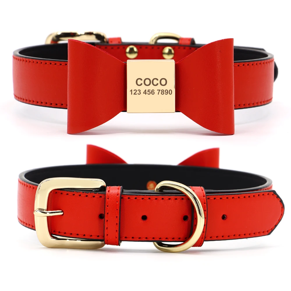 Collar de perro de cuero PU personalizado, collares para mascotas con lazo suave, nombre grabado, Collar para cachorro y gato, antipérdida para perros pequeños, medianos y grandes, Pug - imagen 4