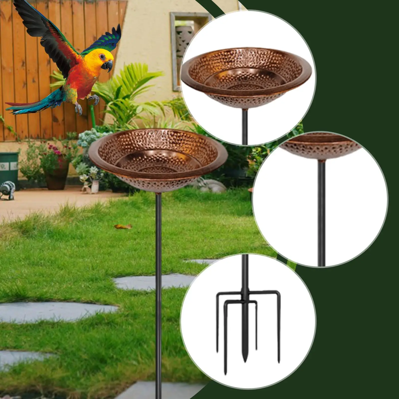 Baño de pájaros de hierro para beber, regalo de paisaje, bandeja alimentadora de pájaros con estación de alimentación de Base de 5 puntas para valla, balcón, patio, césped y patio trasero - imagen 5