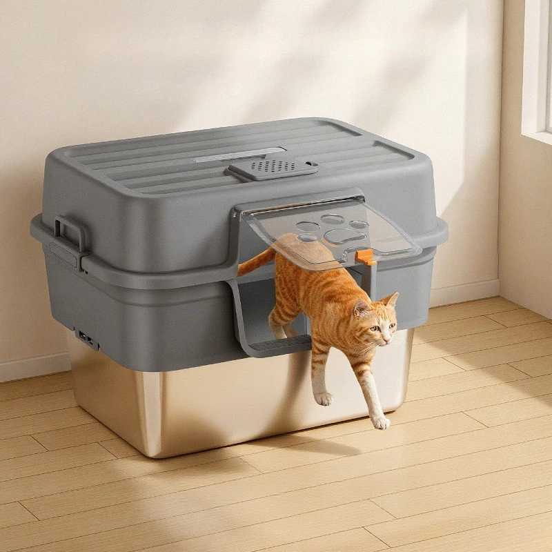 Caja de arena para gatos de acero inoxidable, inodoro grande totalmente cerrado para gatos, bandeja de arena para gatos y mascotas, suministros para mascotas y gatitos autolimpiantes