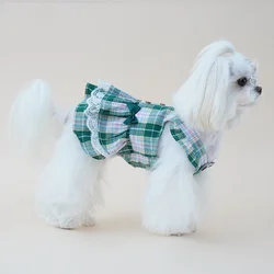 Vestido a cuadros para perros pequeños con falda de encaje y lazo