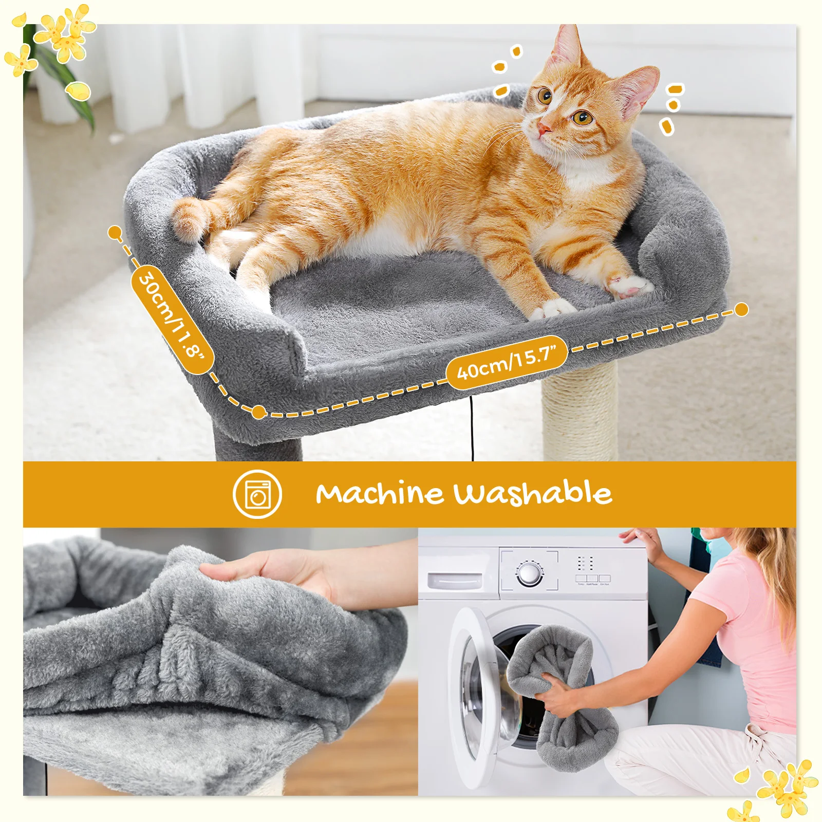 Torre de árbol para gatos de 44cm con cama superior extraíble, tablero para rascar y postes dobles para rascar y descansar en el gatito interior - imagen 4
