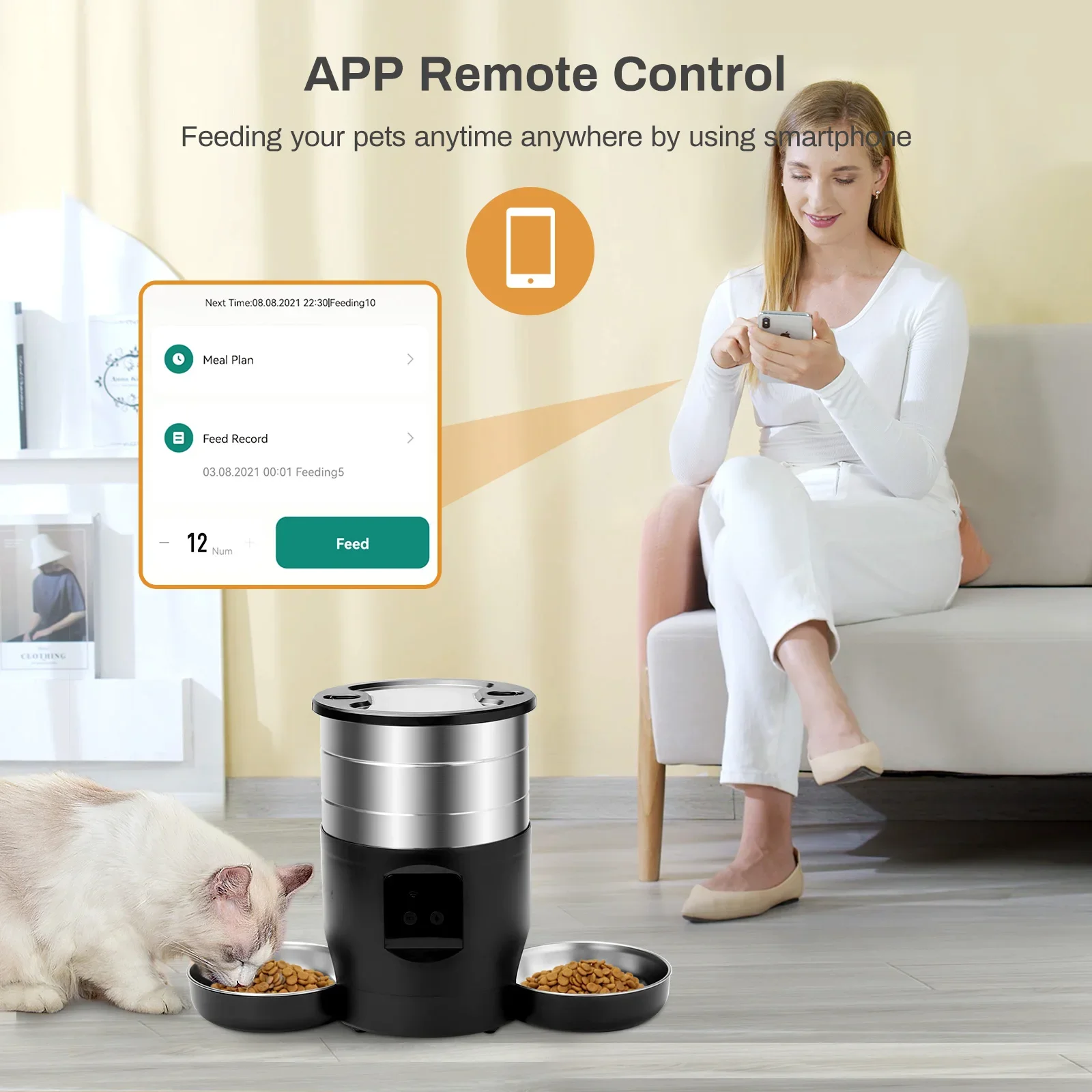 Comedero automático para gatos de 4,5l con botón WiFi, dispensador inteligente de comida para perros y gatos, dos cuencos de acero inoxidable, suministros para mascotas - imagen 2