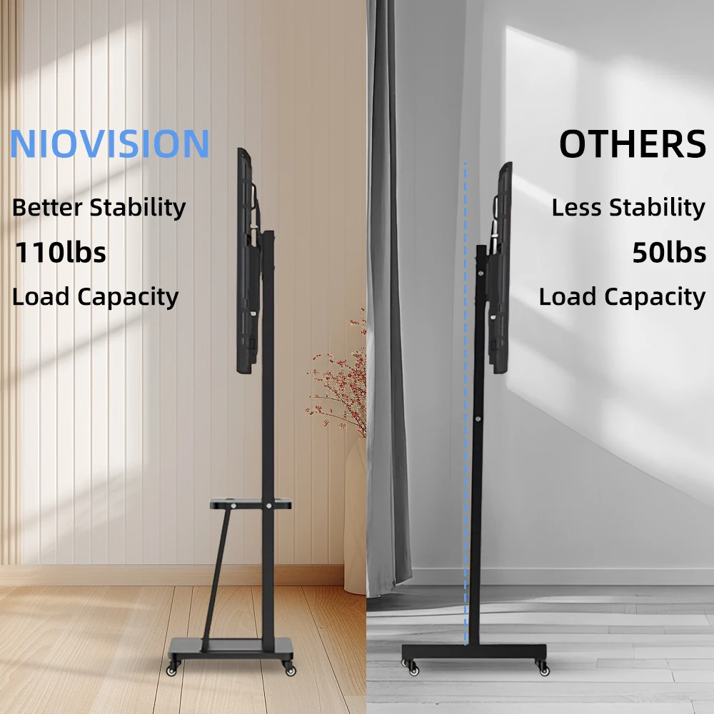 Carro de TV móvil de alta resistencia: soporte rodante para televisores de 32-75", ruedas de bloqueo y altura ajustable, máximo VESA 600x400 mm, 80 kg/176 lb - imagen 5