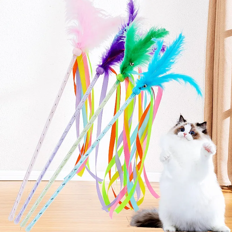 Juguetes interactivos de plumas para gatos, borla con campana, mango largo, suministros para mascotas - imagen 2