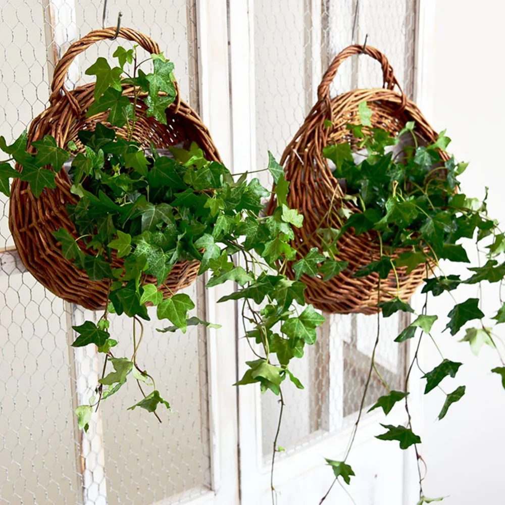 Cesta colgada en pared de jardín