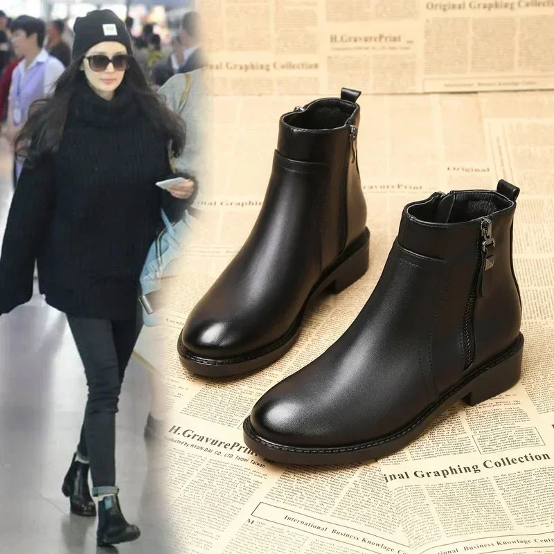 Botines de algodón con cremallera lateral para mujer, botas planas de lujo, estilo Chelsea, color negro y cálido, versión coreana, 2024 - imagen 5