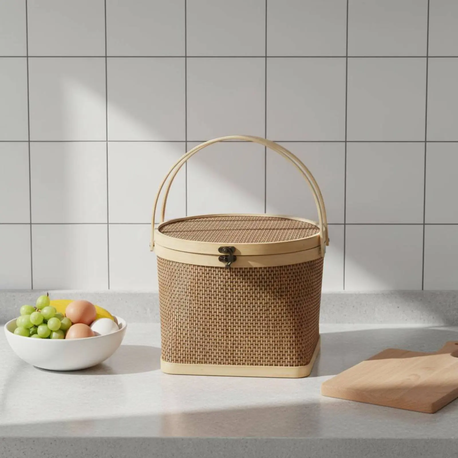 Cesta redonda de bambú para gatos y perros con tapa – Base cuadrada - imagen 2