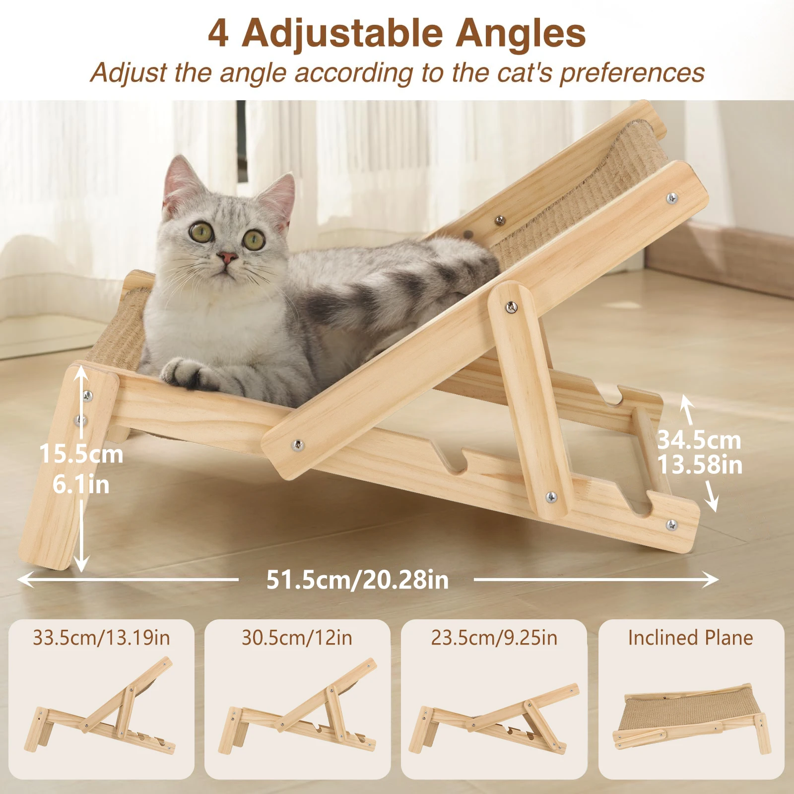 Silla de cama de Sisal para gatos 2 en 1, hamaca para gatos de interior, almohadilla para rascar, cama rascador de Sisal para gatos con 4 posiciones ajustables - imagen 4