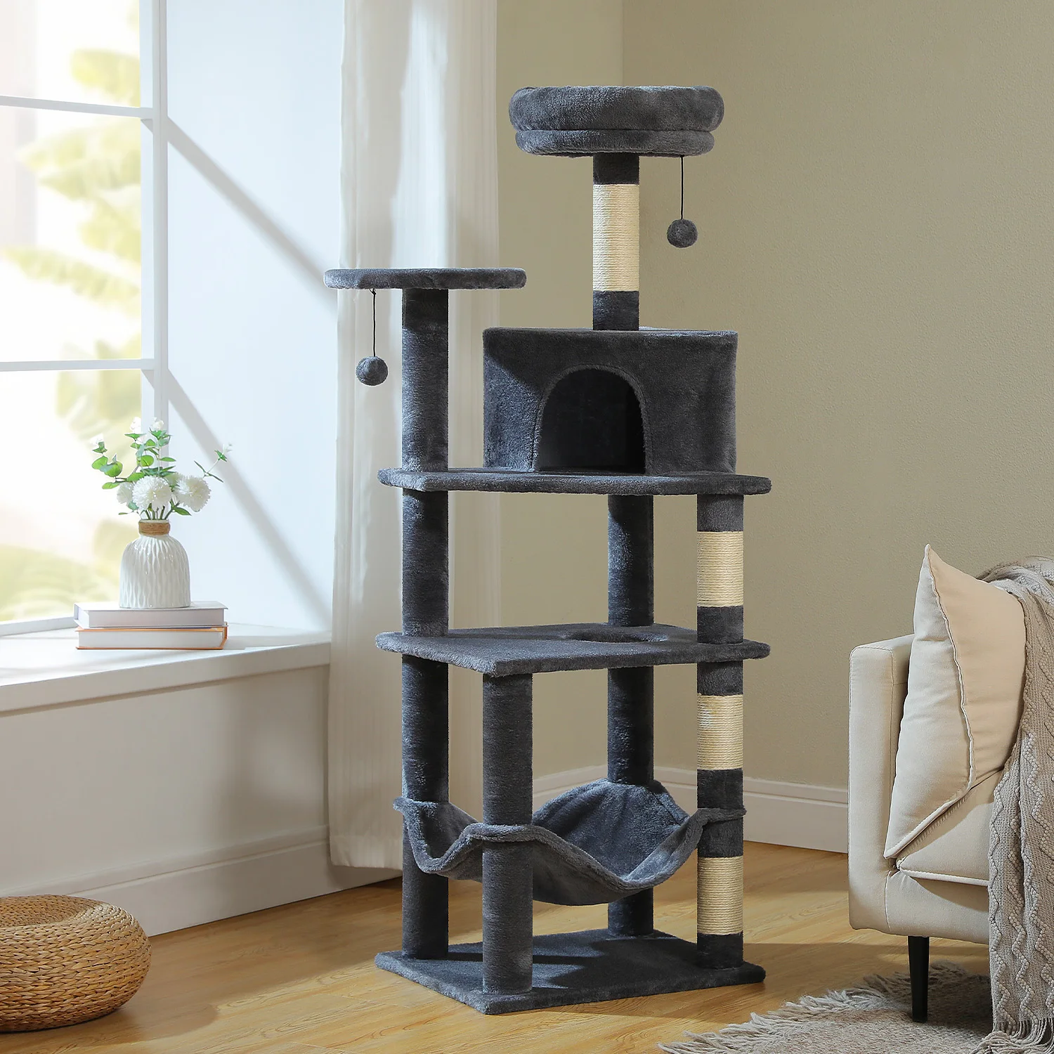 Torre de árbol para gatos de 6 niveles con hamaca súper grande, espacioso condominio, kit antipunta, 2 bolas colgantes, 4 postes rascadores de sisal natural - imagen 3