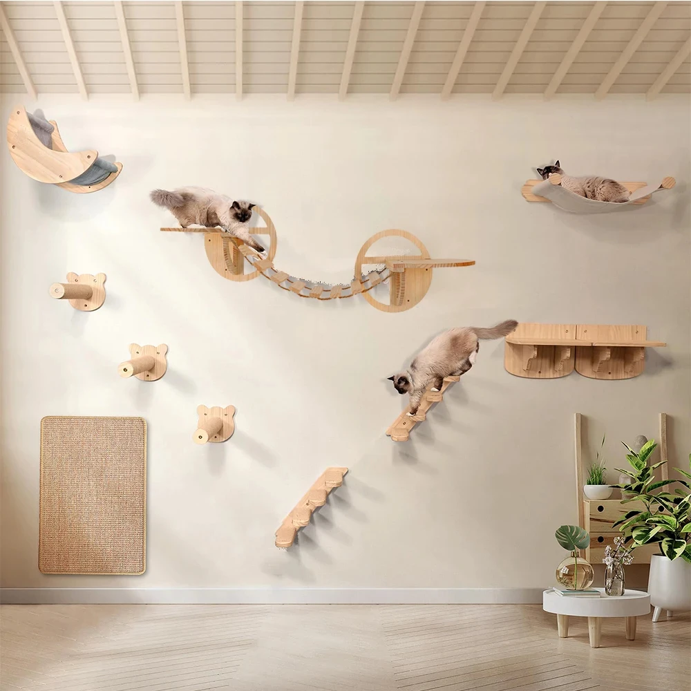Estantes de escalada para gatos, hamaca montada en la pared con escalera y poste para rascar, plataforma de madera, muebles para mascotas, juguetes para gatitos - imagen 4