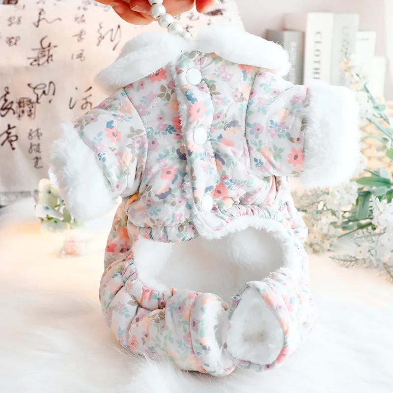 Abrigo de algodón grueso para perro, traje cálido de estilo princesa Floral de tulipán de cuatro patas para perro pequeño de peluche Bichon - imagen 4