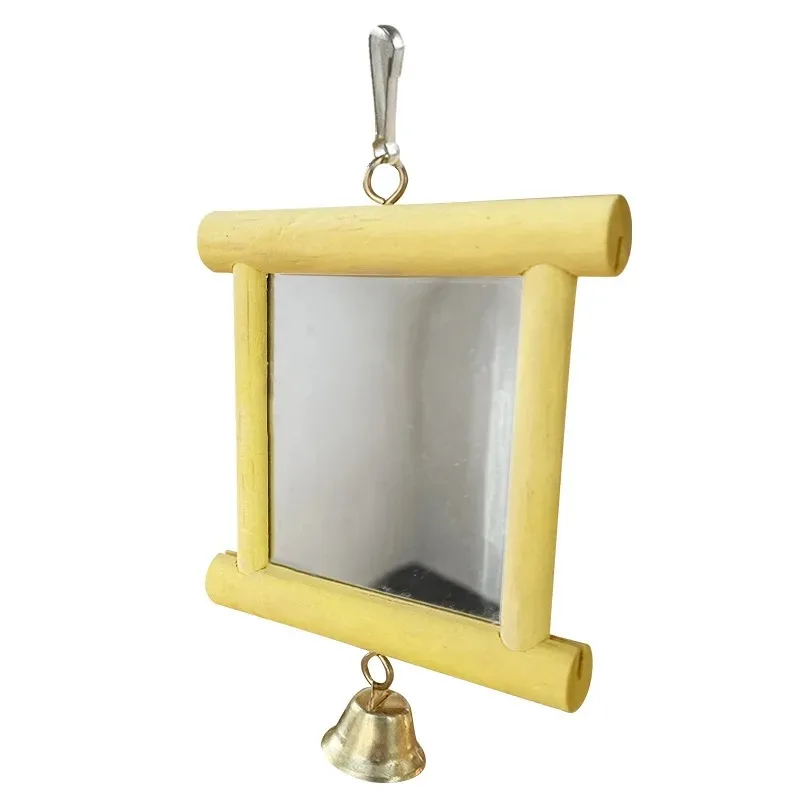 Espejo para pájaros y loros, interesante espejo de pino de pie, juguete para pájaros de 10x10CM, accesorios para pájaros con campanas, juguetes de madera para pájaros, cacatúas - imagen 2