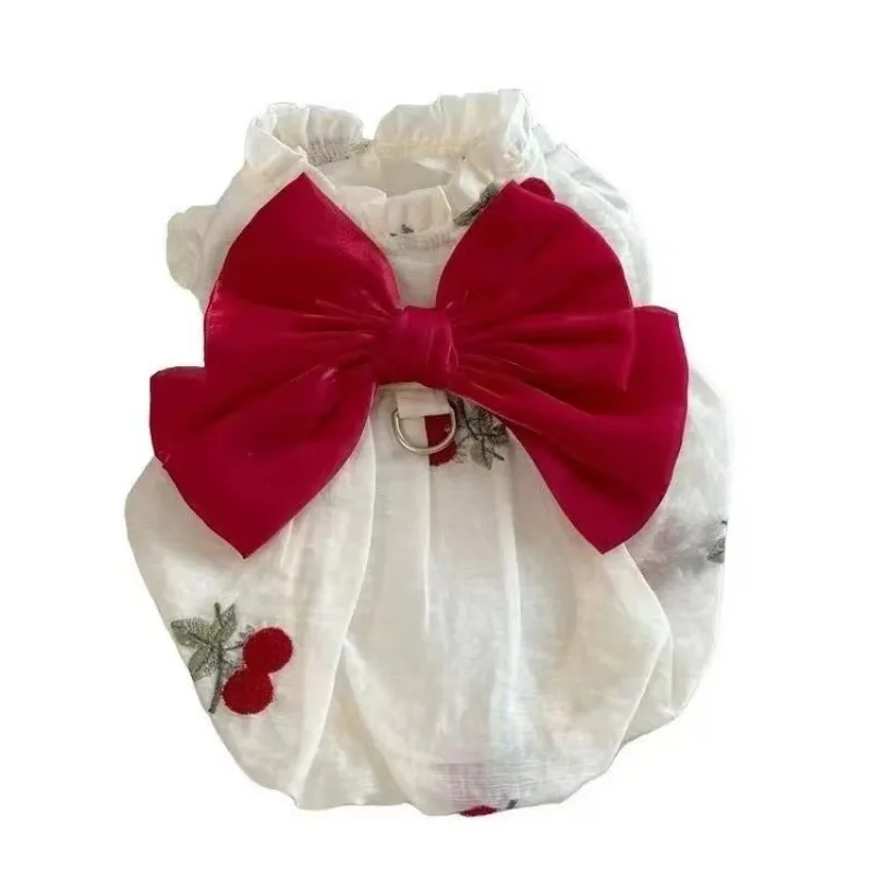 Ropa para perros con flores bordadas, falda de gasa de calabaza transpirable, falda de burbujas, vestidos de cachorro con lazo fino de peluche, Verano - imagen 5