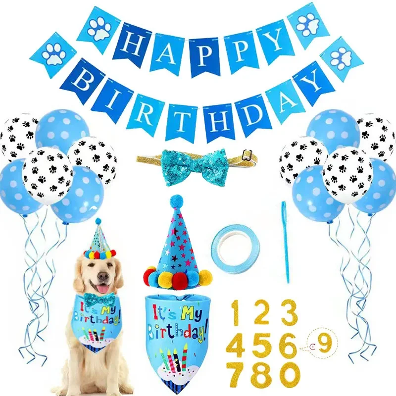 Decoración de feliz cumpleaños para mascotas, sombreros para disfraz de perro, Bandana con lazo, pañuelo, Baberos, pancartas, suministros para fiesta de mascotas, accesorios para perros