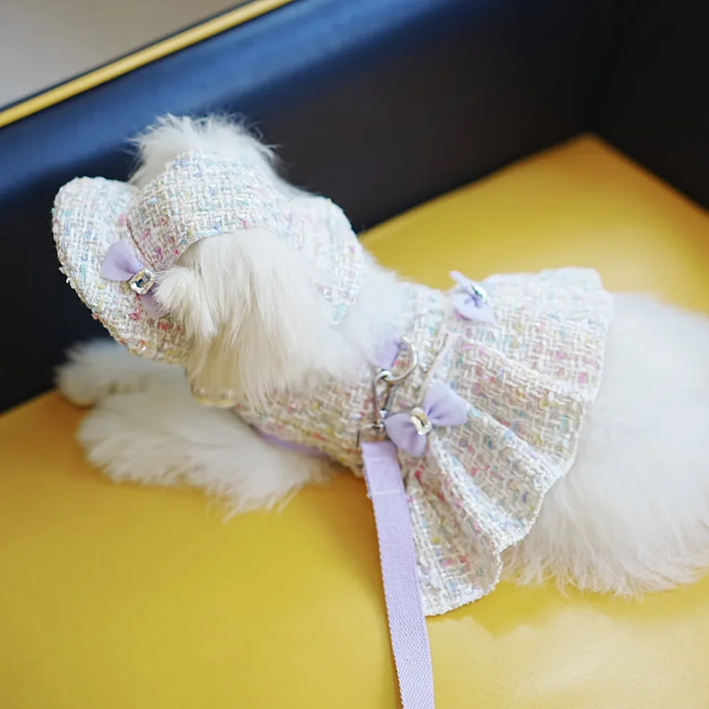 Ropa de princesa de Tweed para perro, vestido con lazo de perlas, Linda falda para perro, chaleco de lujo para cachorro - imagen 2