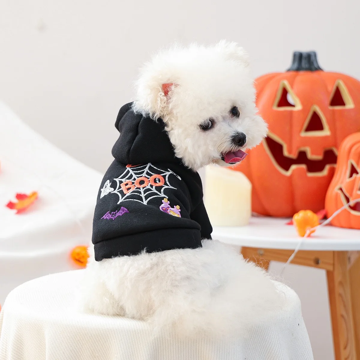 Disfraz de calabaza de Halloween para perro, tela de araña cosida, sudadera negra para cachorro pequeño y mediano, monos cálidos personalizados para Cosplay y gatos